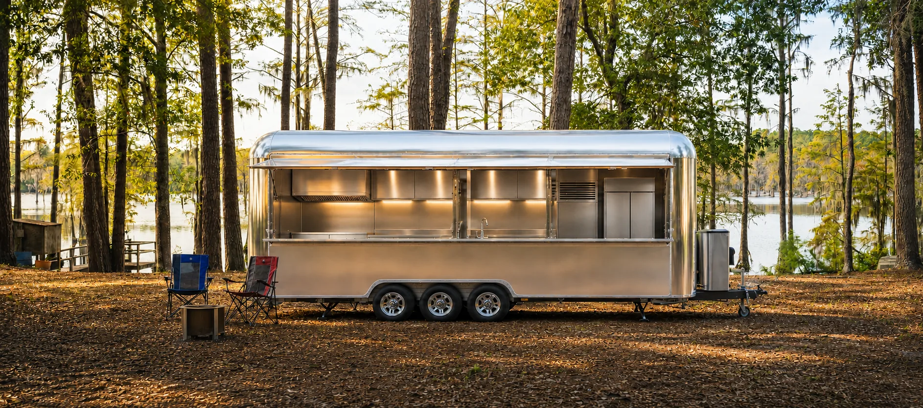 User-supplied concept scene of a silver Diner Panorama trailer beside a lake in sunlit woodland