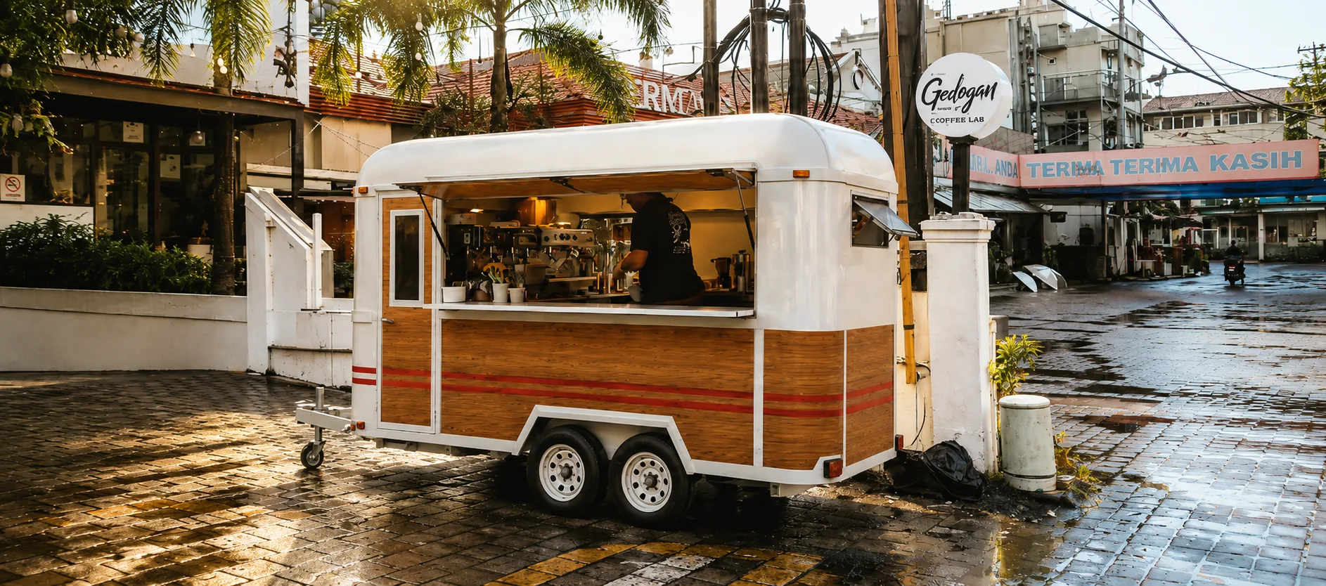 User-supplied concept scene of a white and wood-grain Kiosk Timber trailer on a sunny street corner