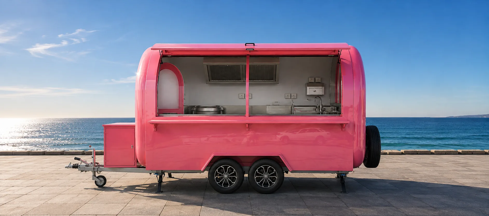 User-supplied concept scene of a bright pink Kiosk Pop trailer by the sea