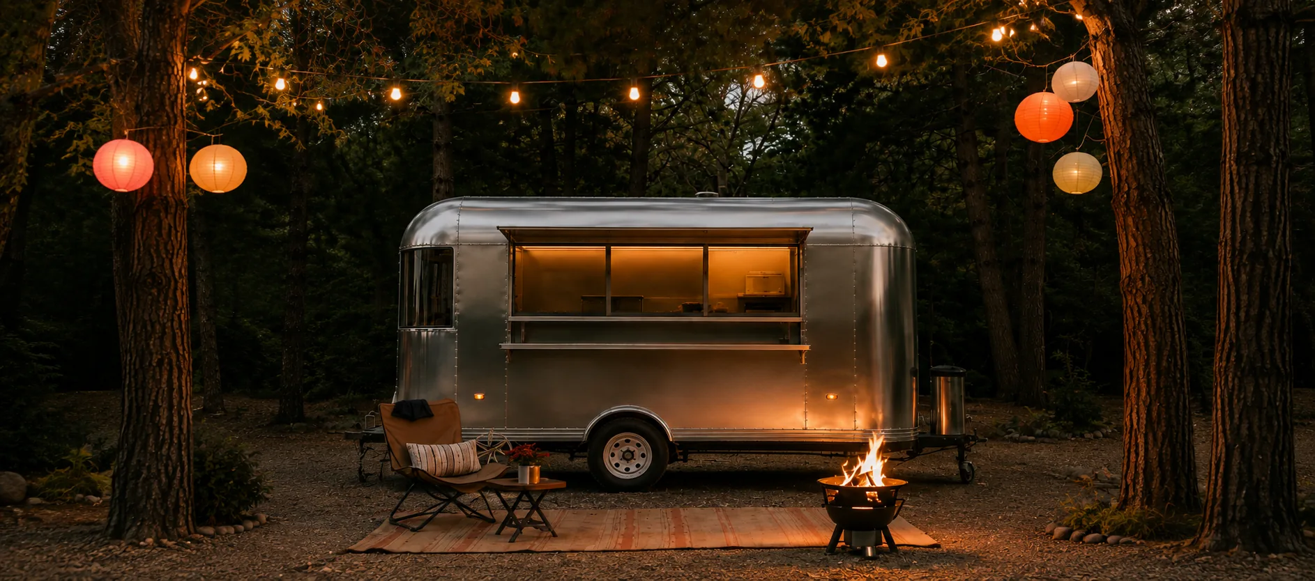 Concept night-time woodland dining scene with a silver Diner Essential trailer