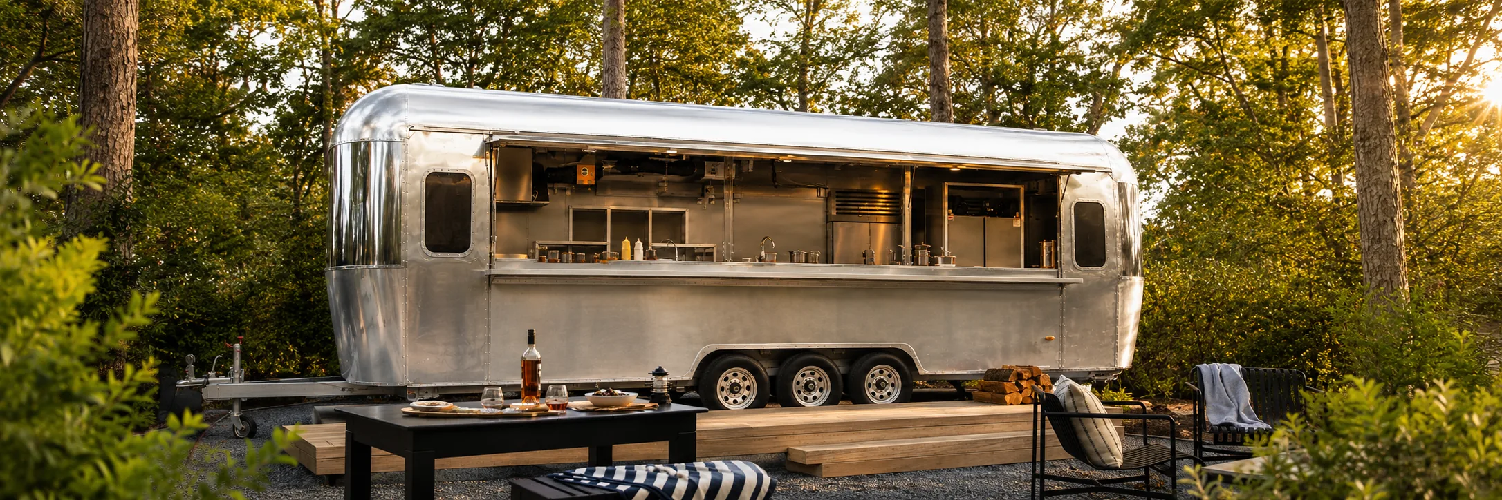 Concept scene of a silver food trailer in woodland