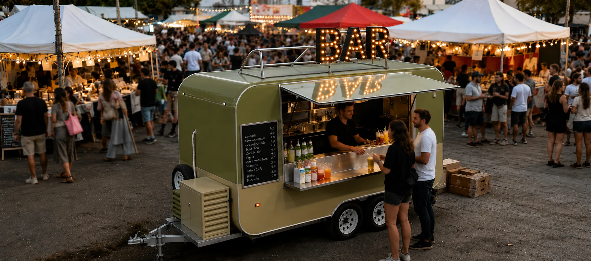 User-supplied concept scene of an olive-green Market Grove trailer at an outdoor market