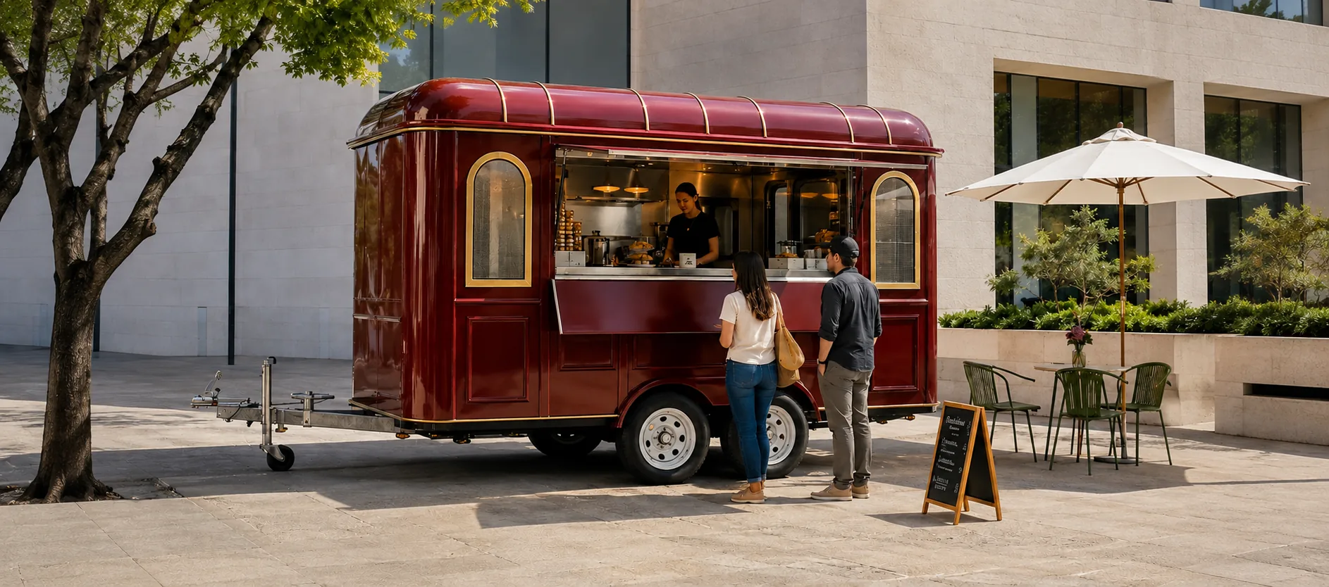 Concept courtyard scene with a burgundy Kiosk Series trailer